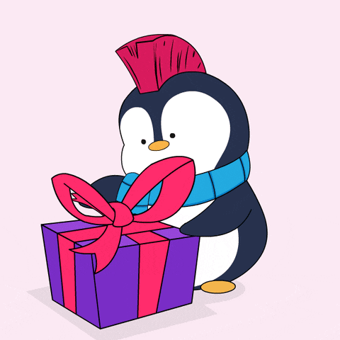 a penguin wearing a mohawk and scarf is holding a balloon in a box