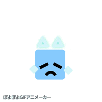 a blue square with a sad face and a triangle on it 's head