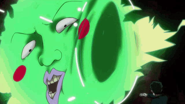 a cartoon character with a green face and purple mouth