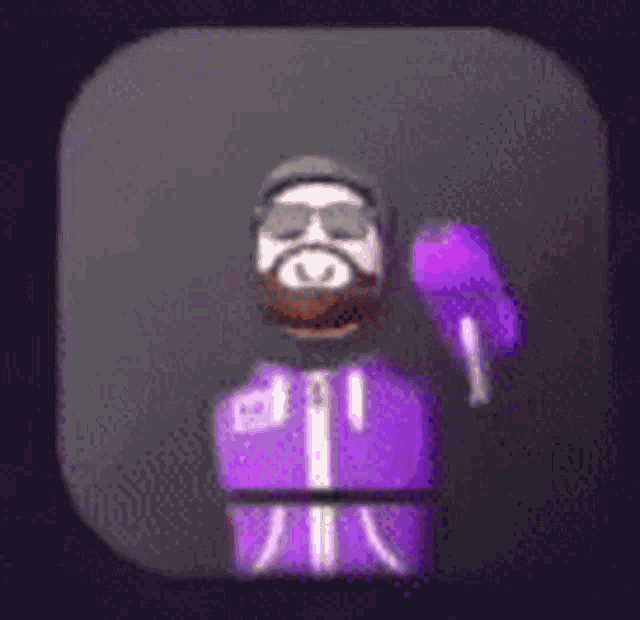a man with a beard is wearing a purple jacket and holding a purple object .