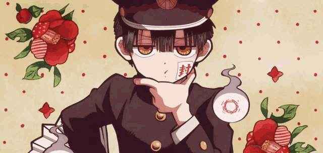 a drawing of a boy in a hat with a card in his mouth