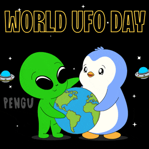 a green alien and a blue penguin holding a globe with the words world ufo day written above them