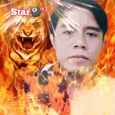 a man stands in front of a tiger with the number 13 on the top