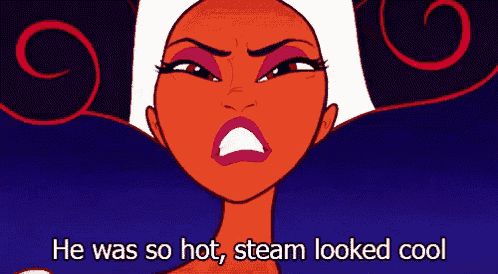 a cartoon of a woman with the words he was so hot steam looked cool below her