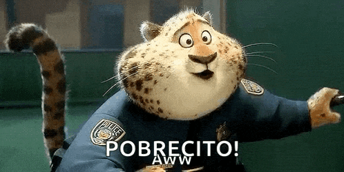 a cartoon cheetah in a police uniform is holding a baton and says pobrecito aww .