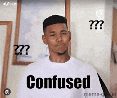 a man is wearing a white shirt that says confused on it