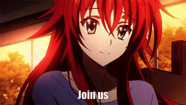 a girl with red hair and the words join us on the bottom