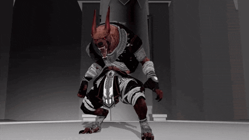 a werewolf with horns and bandages on his legs is standing in a room .