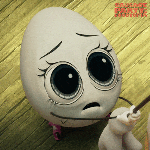 a cartoon character from sausage party foodtopia with a sad face