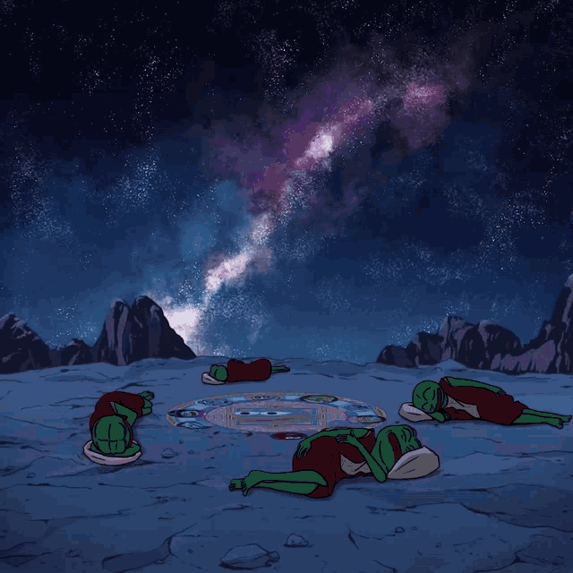 a cartoon drawing of a group of people sleeping under a starry sky