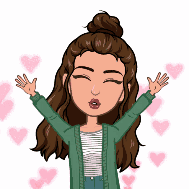 a cartoon of a woman with her arms outstretched and hearts around her