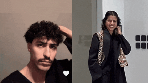a man with a mustache and a woman in a black jacket