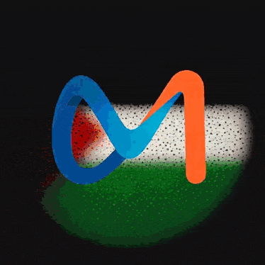 a blue and orange letter m in front of a green white and red background