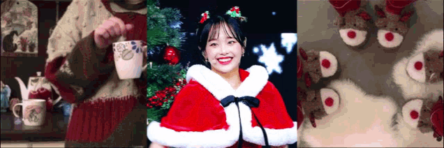 a woman wearing a santa cape is holding a cup of tea