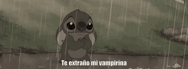 a cartoon of stitch in the rain with the words te extrano mi vampirina below him