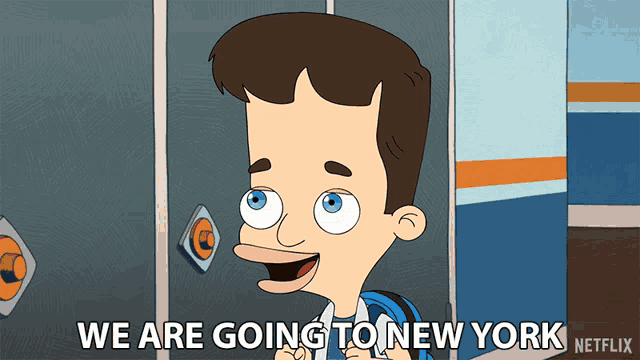 a cartoon of a boy says we are going to new york