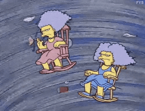 two cartoon characters sitting in rocking chairs in a tornado .