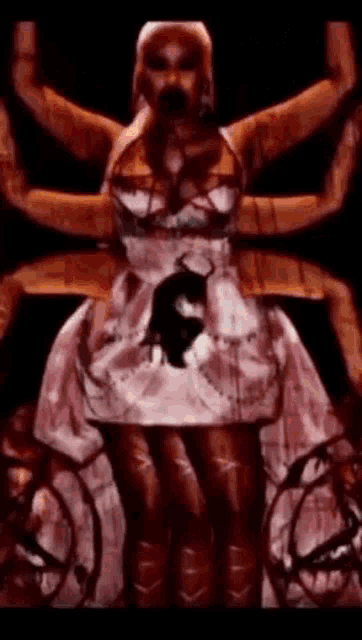 a woman in a bloody dress is sitting on a spider 's legs .