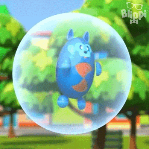 a blue cartoon character is flying through a bubble .