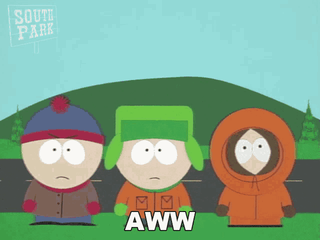 three cartoon characters from south park are standing next to each other and one of them says aww