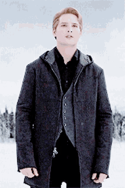 a man wearing a black coat and a black shirt is standing in the snow