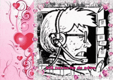a black and white drawing of a man with a headset and the words bill noviecito de adam on the bottom