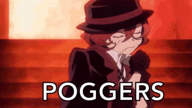 a person wearing a hat with the word poggers on the bottom right