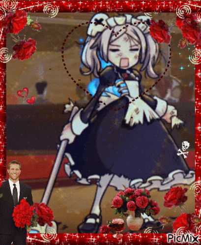 a man in a suit and tie stands next to a picture of a girl in a maid dress