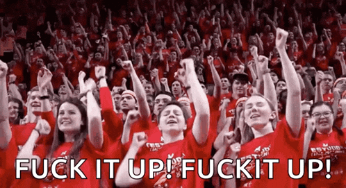a crowd of people raising their fists in the air with the words fuck it up fuck it up on the bottom