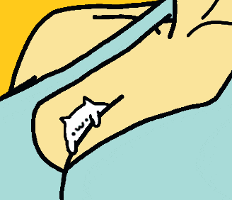 a cartoon drawing of a cat in a pocket with a yellow and blue background