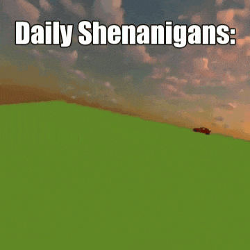 a red car is flying through the air with the words daily shenanigans written below it