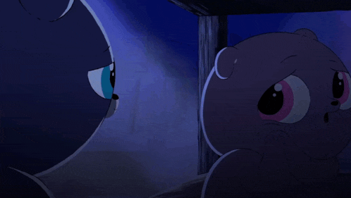 a couple of cartoon characters looking at each other in a dark room