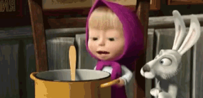 a cartoon character holding a pot with a wooden spoon next to a white rabbit