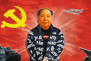 a man in a supreme jacket stands in front of a red background with a hammer and sickle