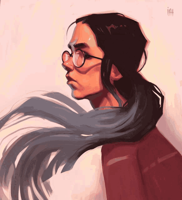a painting of a woman wearing glasses and a scarf with the letters ih on the bottom