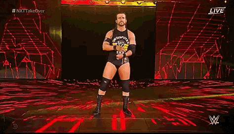 a wrestler with long hair and a beard is standing in front of a crowd with his hands folded .