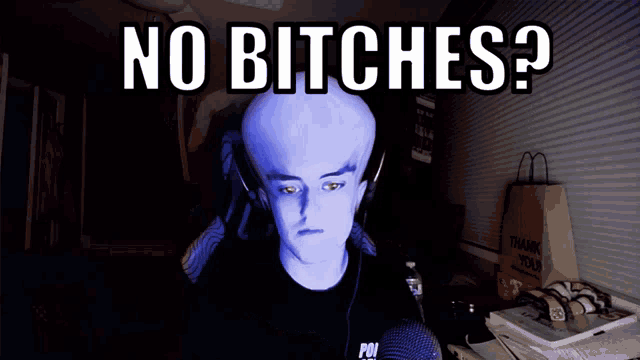 a man with blue hair and a black shirt that says pol