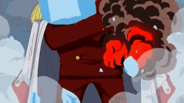 a cartoon drawing of a man in a red suit with smoke coming out of his mouth