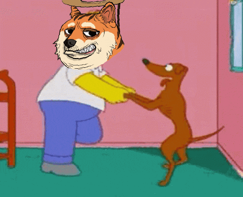 a cartoon dog is shaking hands with a man