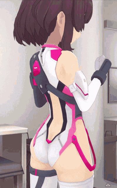 a girl in a pink and white bodysuit is standing next to a desk