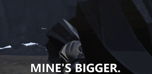 a robot says mine 's bigger in front of a black background