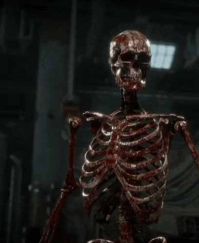 a bloody skeleton is standing in a room with flames