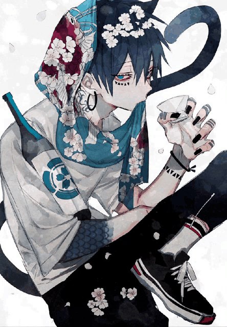 a drawing of a boy with a cat ear and a scarf on his head