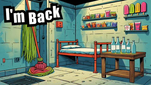 a cartoon drawing of a room with the words i 'm back on the top