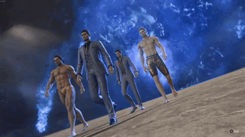 a group of naked men in suits and shorts are walking on a sandy beach