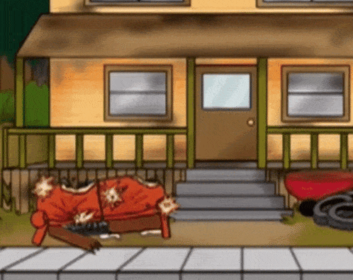a cartoon drawing of a house with a couch laying on the ground in front of it