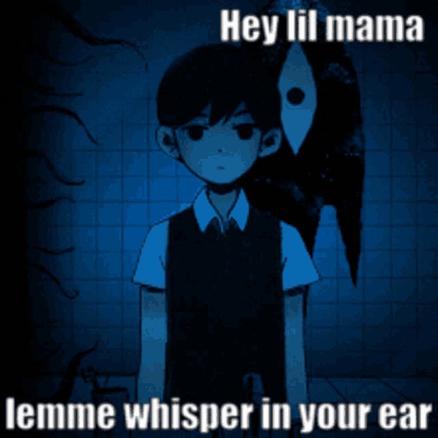a cartoon of a boy with the words hey lil mama lemme whisper in your ear on the bottom