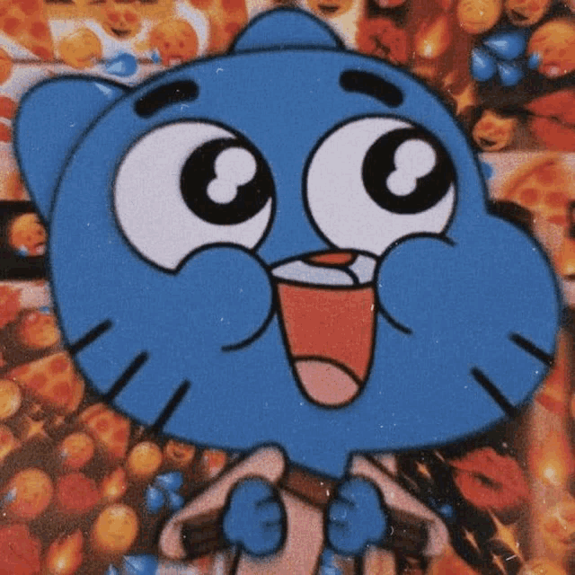 a close up of gumball from the amazing world of gumball with a collage of smiley faces in the background