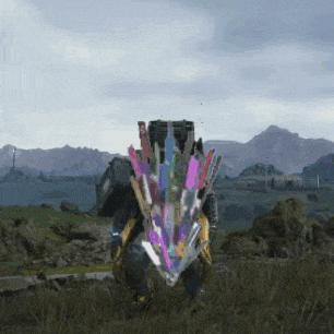 a video game character is standing in a field with a bunch of colorful objects on his back .