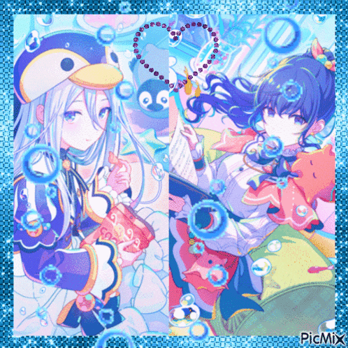 a picture of a girl with a penguin hat and a picture of a girl with a penguin hat with bubbles around them